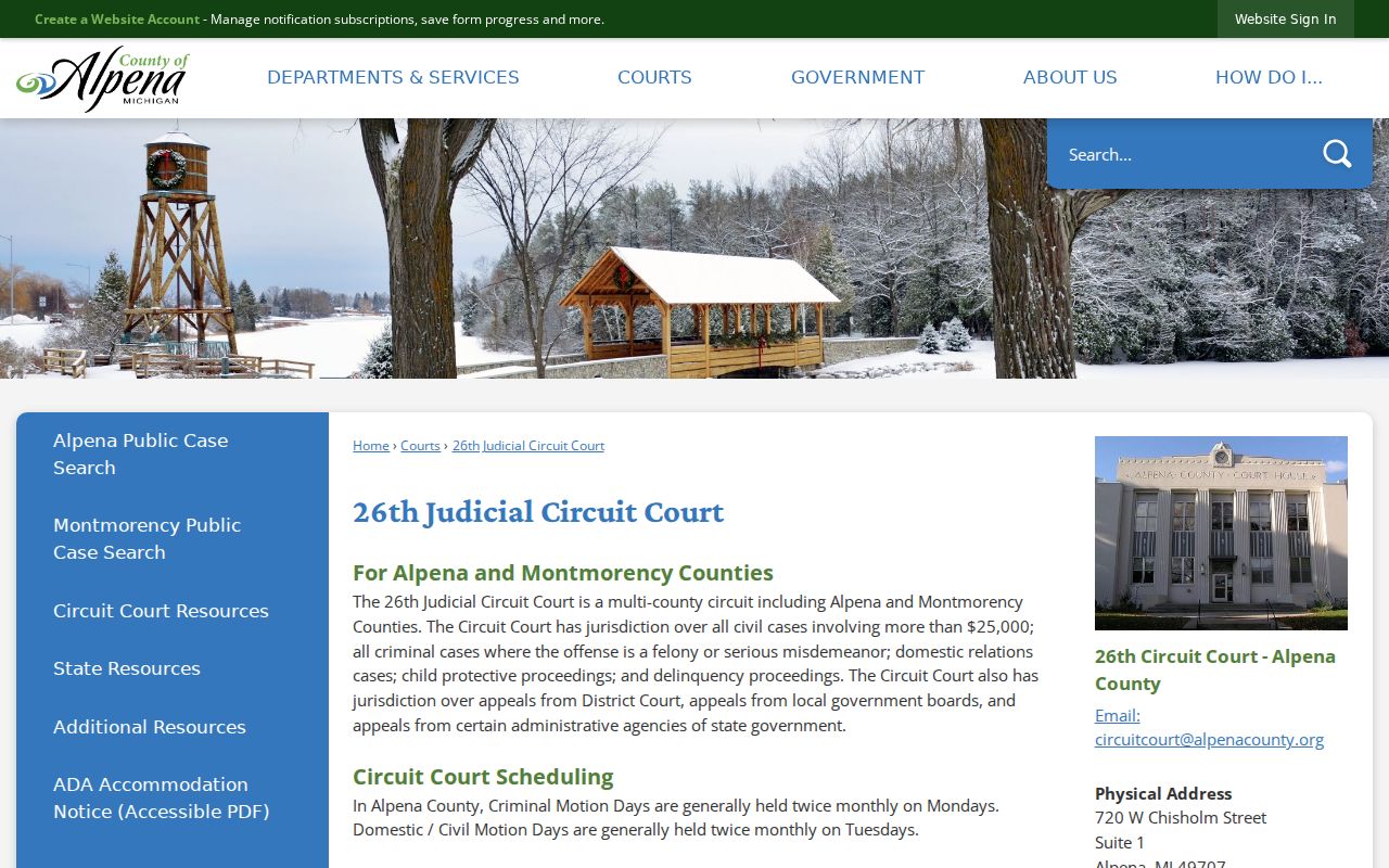 Alpena County court docket access at the 26th Circuit courthouse
