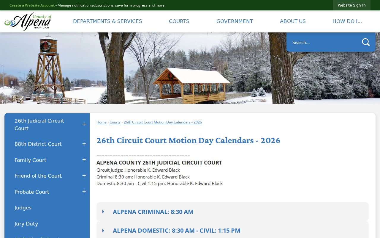 Alpena County civil docket 2026 circuit motion-day calendar