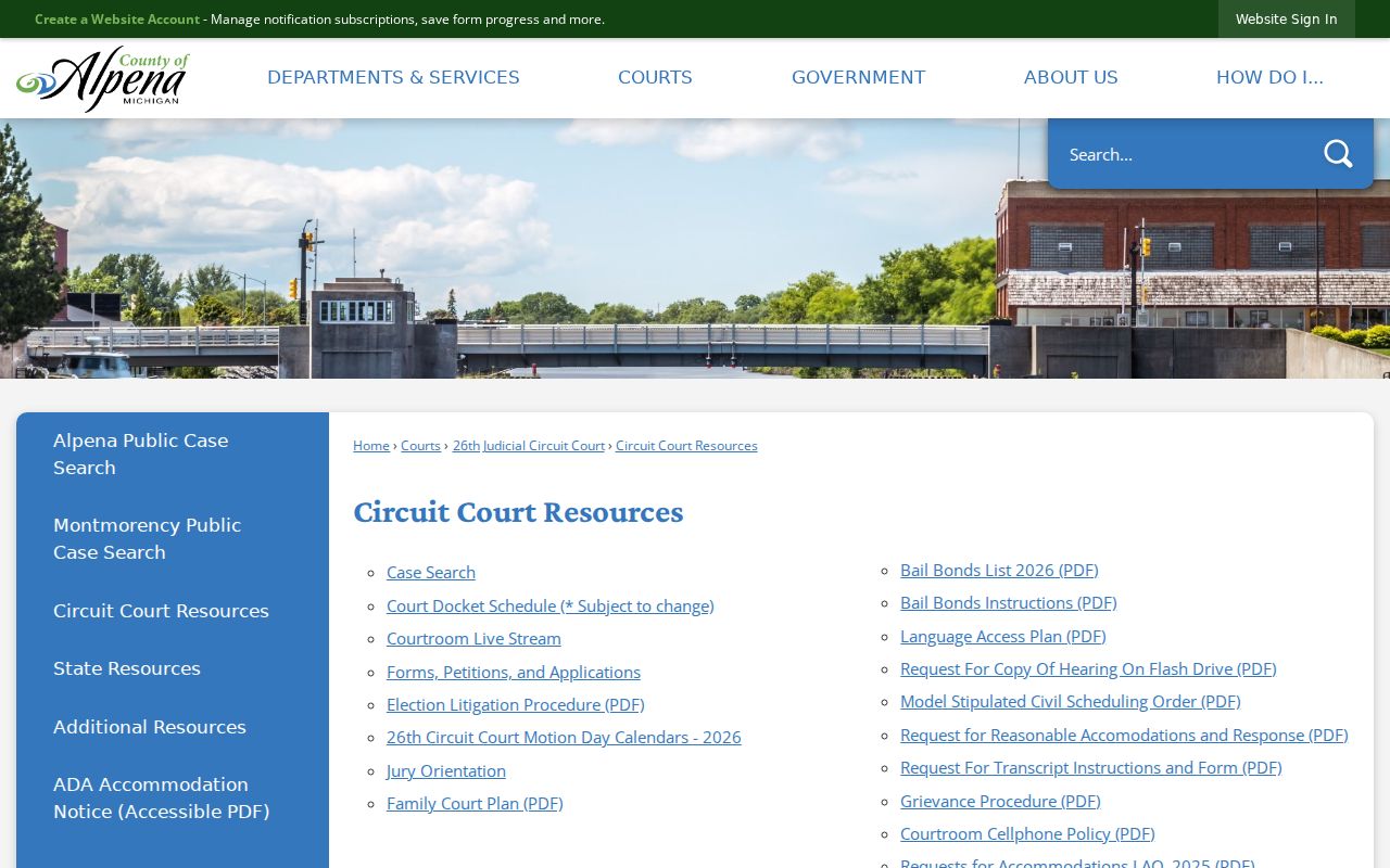 Alpena County court docket resources for the 26th Circuit
