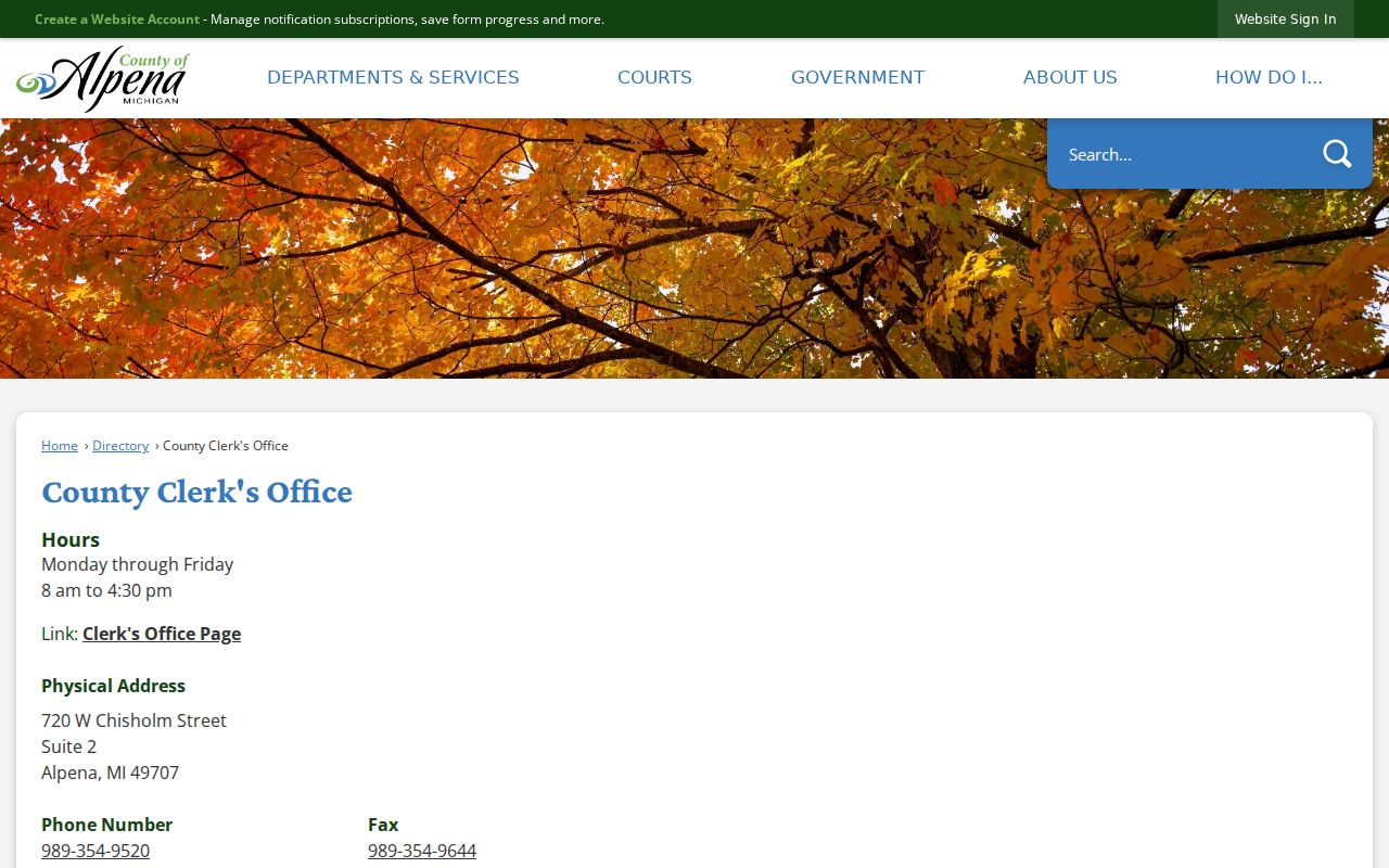Alpena County court records contact at the County Clerk directory