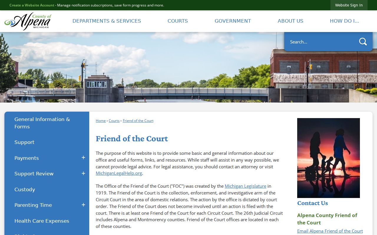 Alpena County civil docket Friend of the Court schedule resources