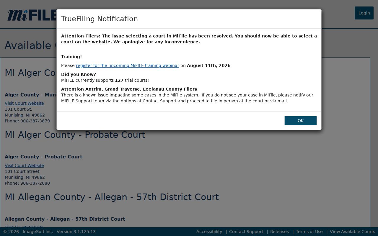 Alpena County case search record access through the MiFILE available courts page