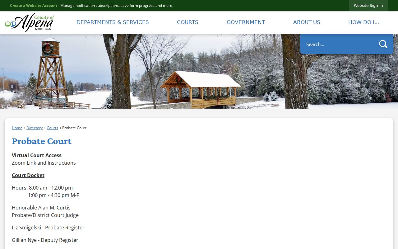 Alpena County court calendar Probate Court docket and virtual access directory